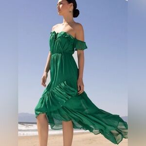 Lulu's Stylish Celebration Green Off-the-Shoulder High-Low Dress, Size XS
